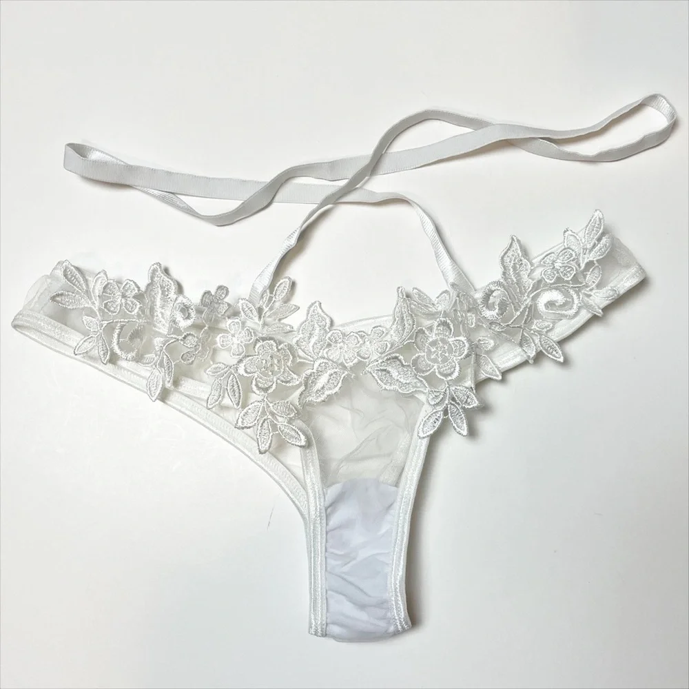 Sheer Floral Lace Strappy Bra & Panty Set - White